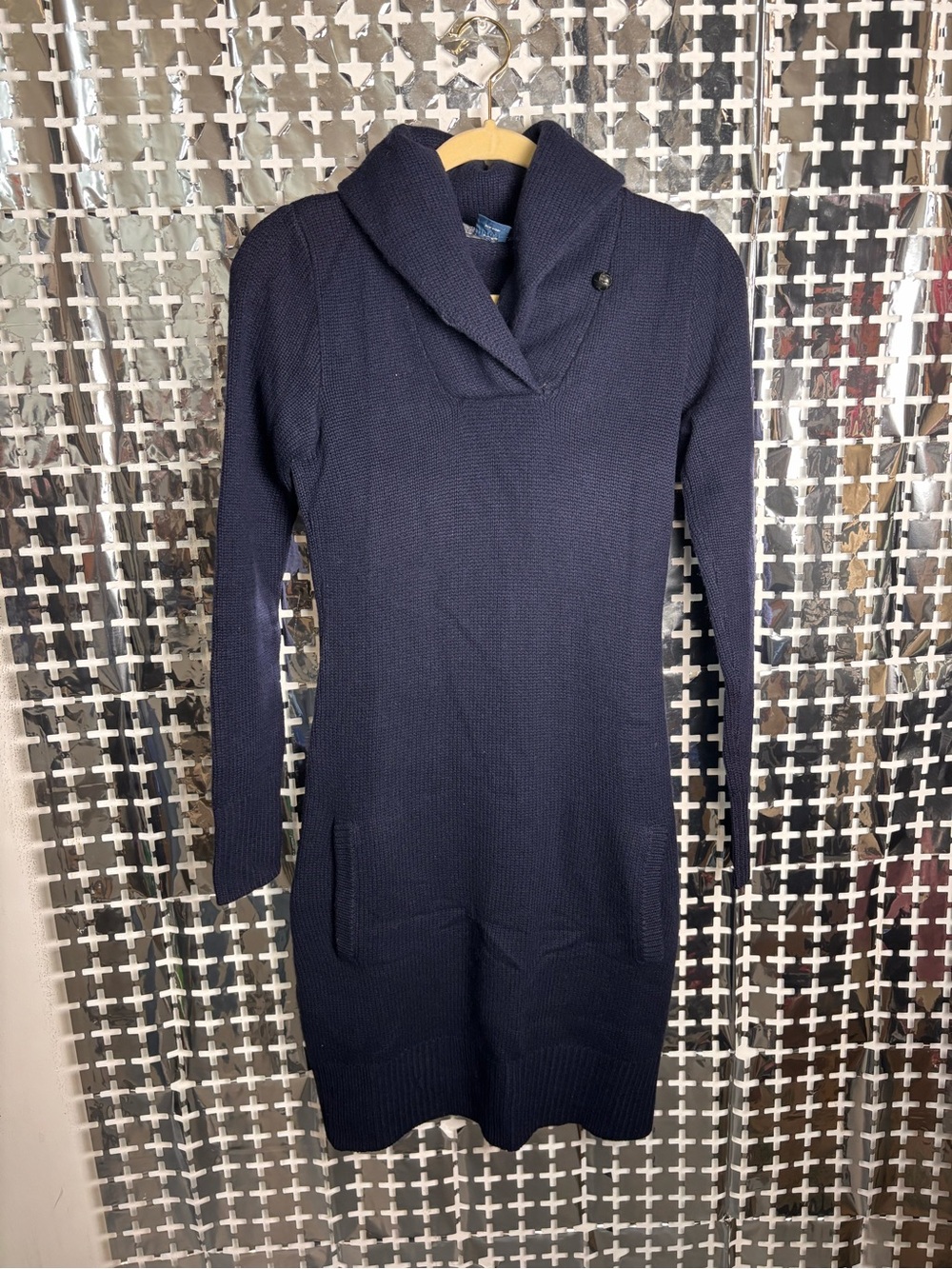 Ralph Lauren Navy Shawl-Collar Long Sleeve Knit Dress